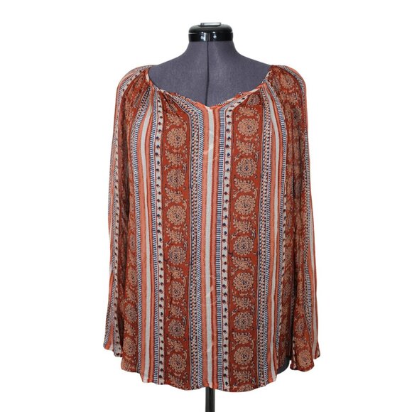 Lucky‎ Brand women's Tiara boho woodblock print peasant blouse M - Picture 1 of 11